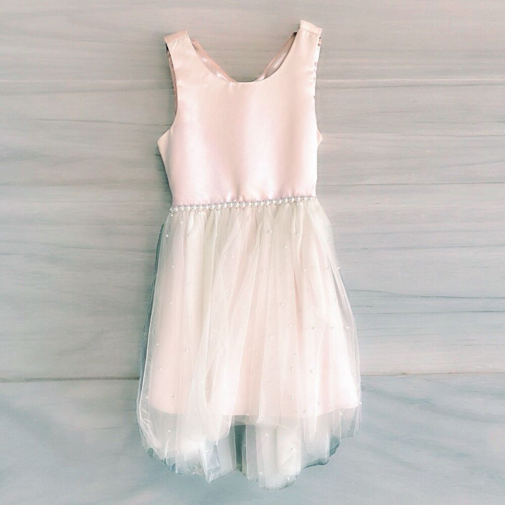 Girls Boutique Elegant Dress Pink White Chiffon Waist Pearls Wedding Birthday 12